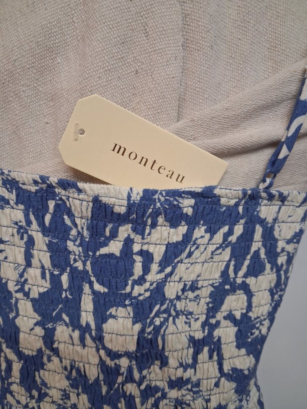 Large Blue & White Floral Spaghetti Strap Midi Dress Side Slit Smocked Back By M - Picture 7 of 13